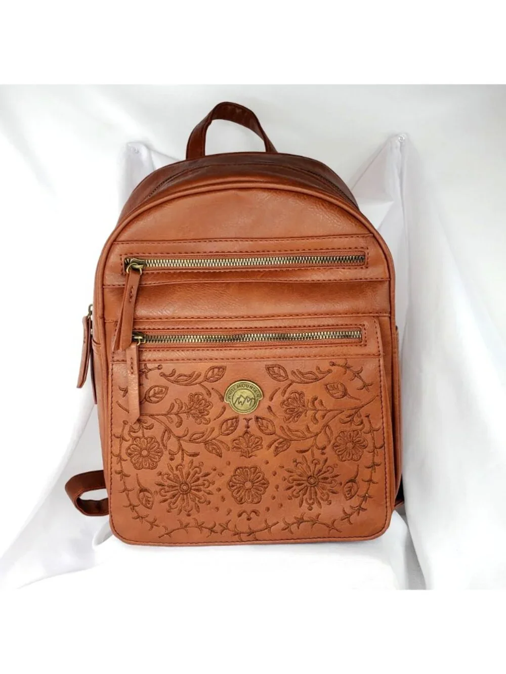 White Mountain Womens Tan Brown Faux Leather Backpack With Floral Embroidery NWT